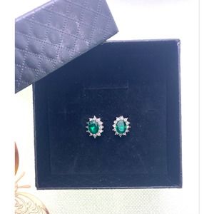Imitation Silver Diamond Green Emerald Rhinestone Cubic Zirconia Oval Earrings